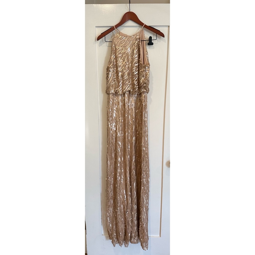 Donna Morgan Collection Size 8 Gold Sequin Halter High Neck Sleeveless Gown